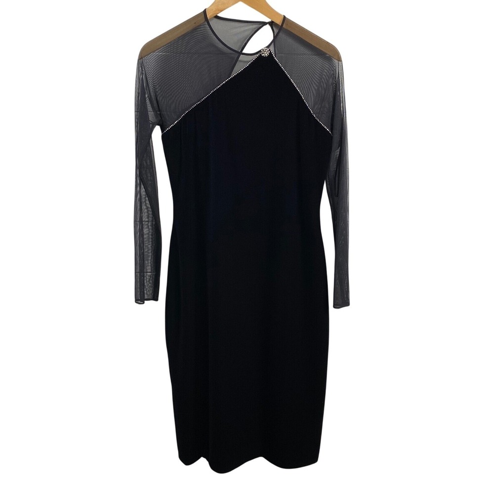 En Francais Womens Rhinestone Sheer Asymmetric Velvet Dress sz‎ 8 Blue Midi USA